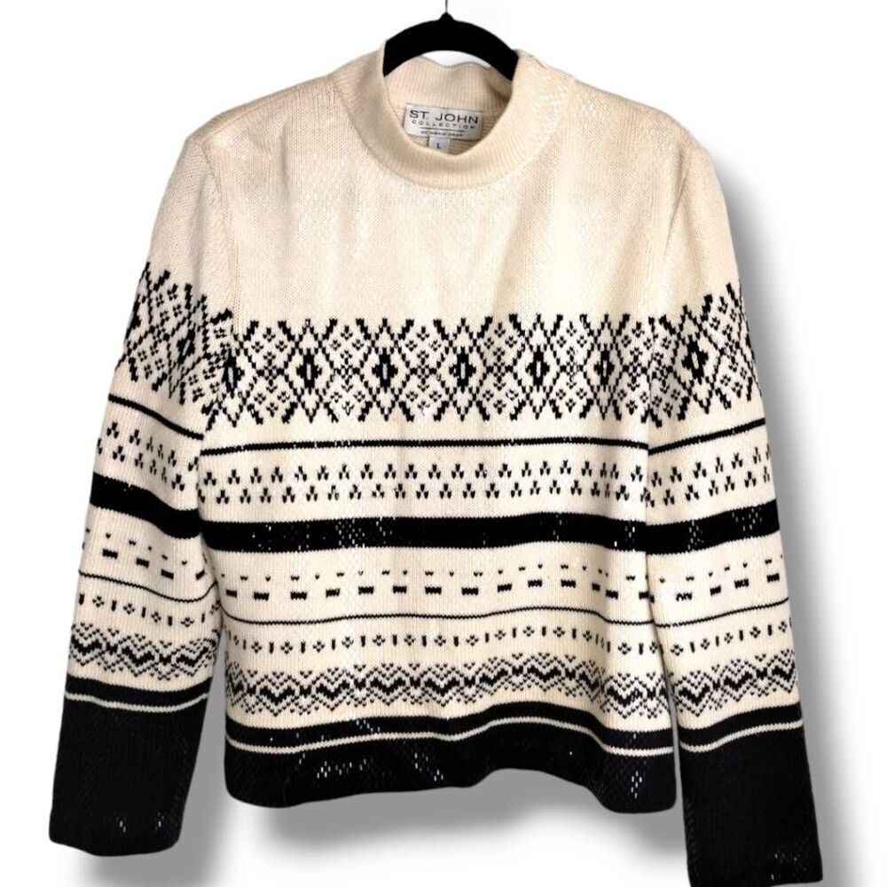 St. John Collection Marie Gray Sweater Sz Large Sequin Fair Isle Mock Turtleneck